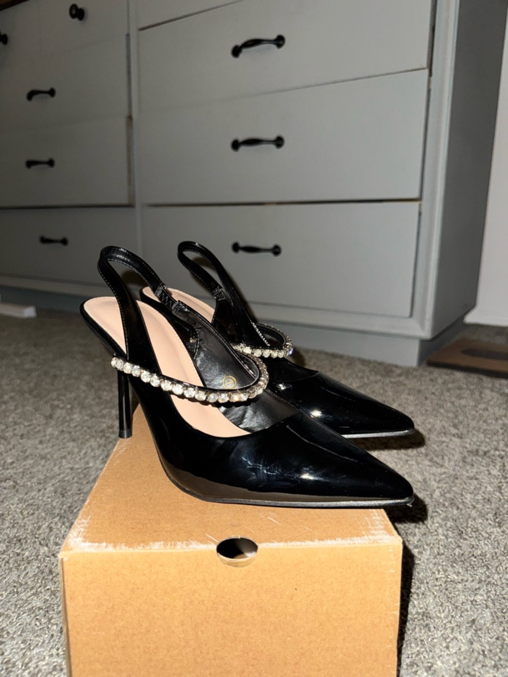 Black Patent Pointed leather Heels with Rhinestone Strap - Picture 3 of 4